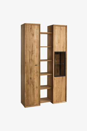 Tölgyfa vitrines polcrendszer világítással, 2 vitrinnel és polccal